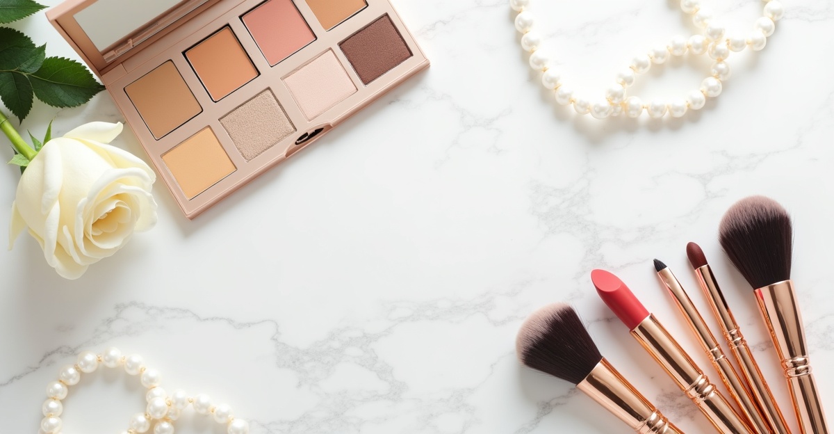 Productos profesionales de maquillaje de novia de alta gama en flat lay