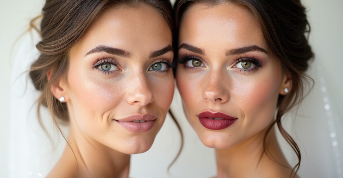 Comparación de maquillaje natural vs glam en dos novias lado a lado