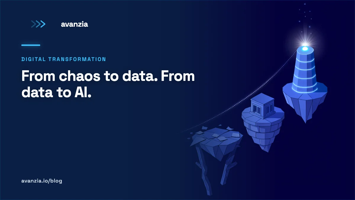 From Chaos to Data. From Data to AI. | Avanzia Isometric illustration: three ascending floating islands — a broken platform on wooden stilts, a stone tower holding a tidy building, and a glowing tower crowned by a beacon of light — on a navy background.
