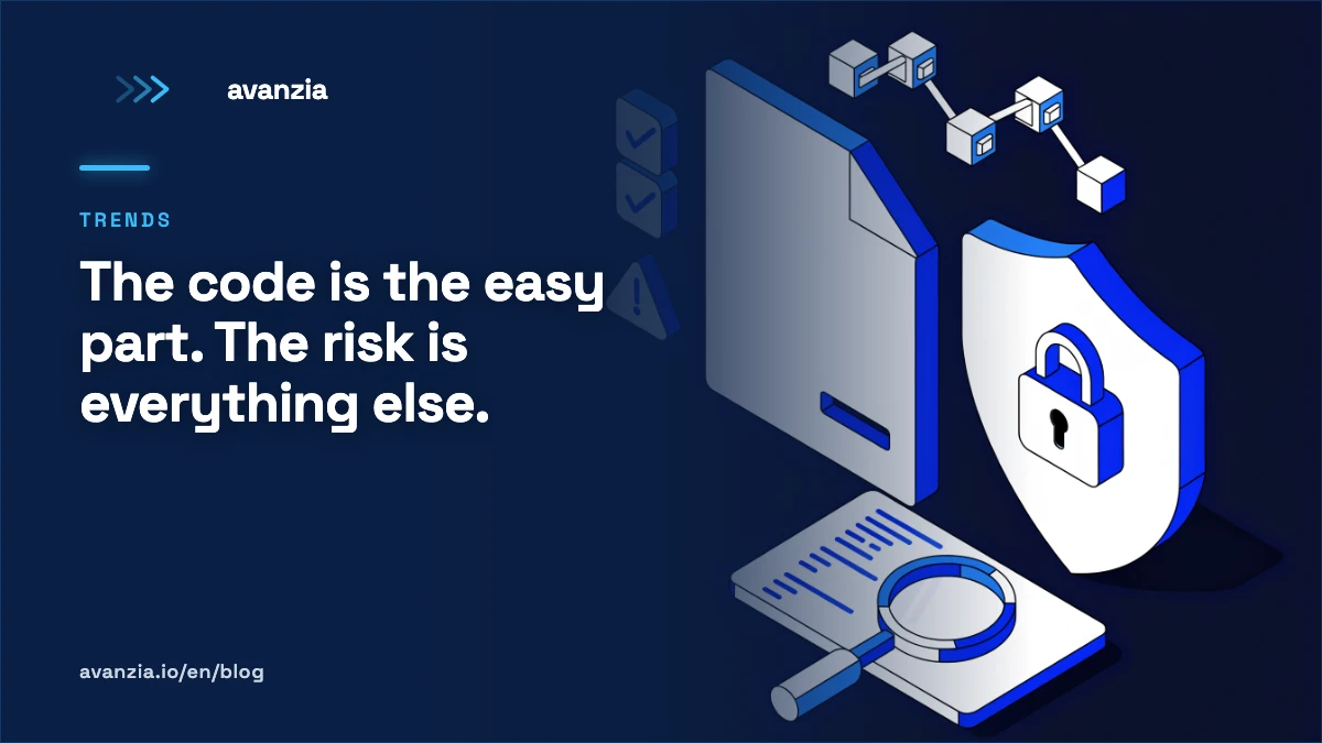 Hiring an AI agency: 7 red flags | Avanzia Isometric illustration of a contract, a shield with a padlock and a magnifying glass over code