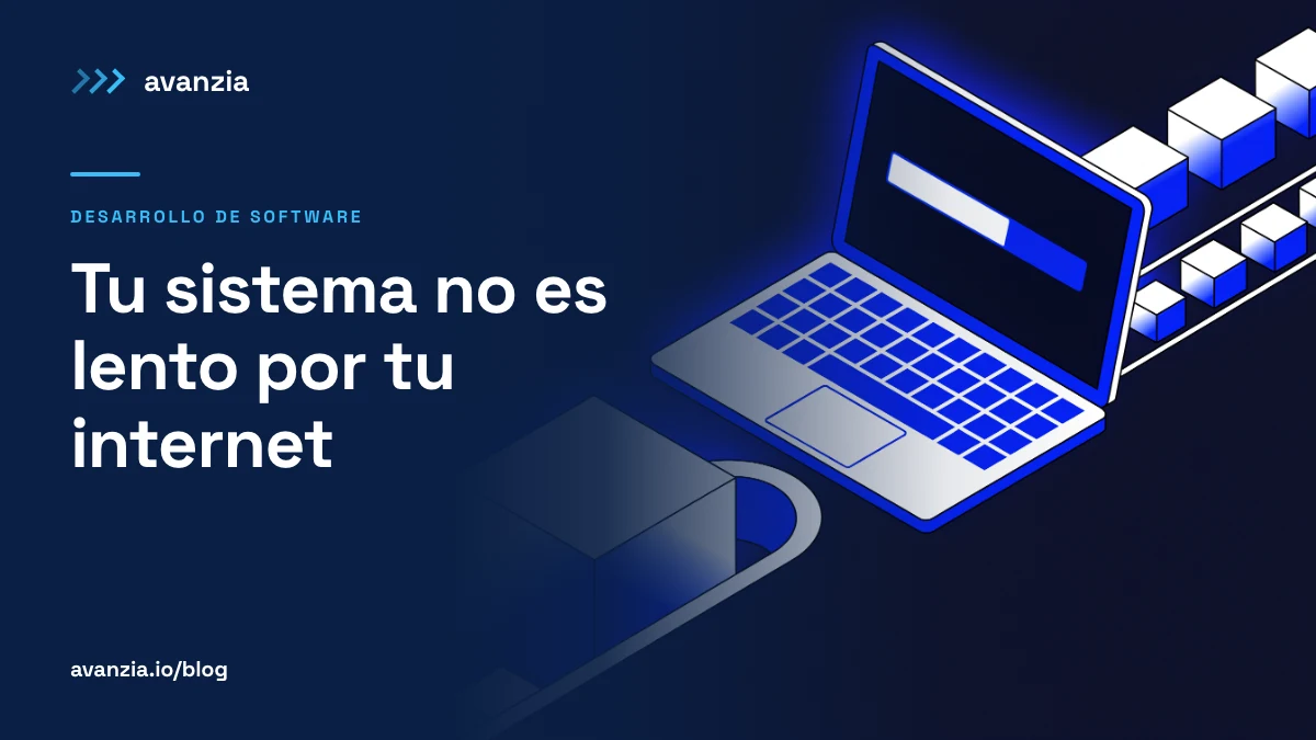 Tu sistema no es lento por tu internet | Avanzia Ilustración isométrica: un paquete de datos enorme atorado en un tubo hacia una laptop, junto a paquetes pequeños que fluyen rápido, sobre fondo navy.