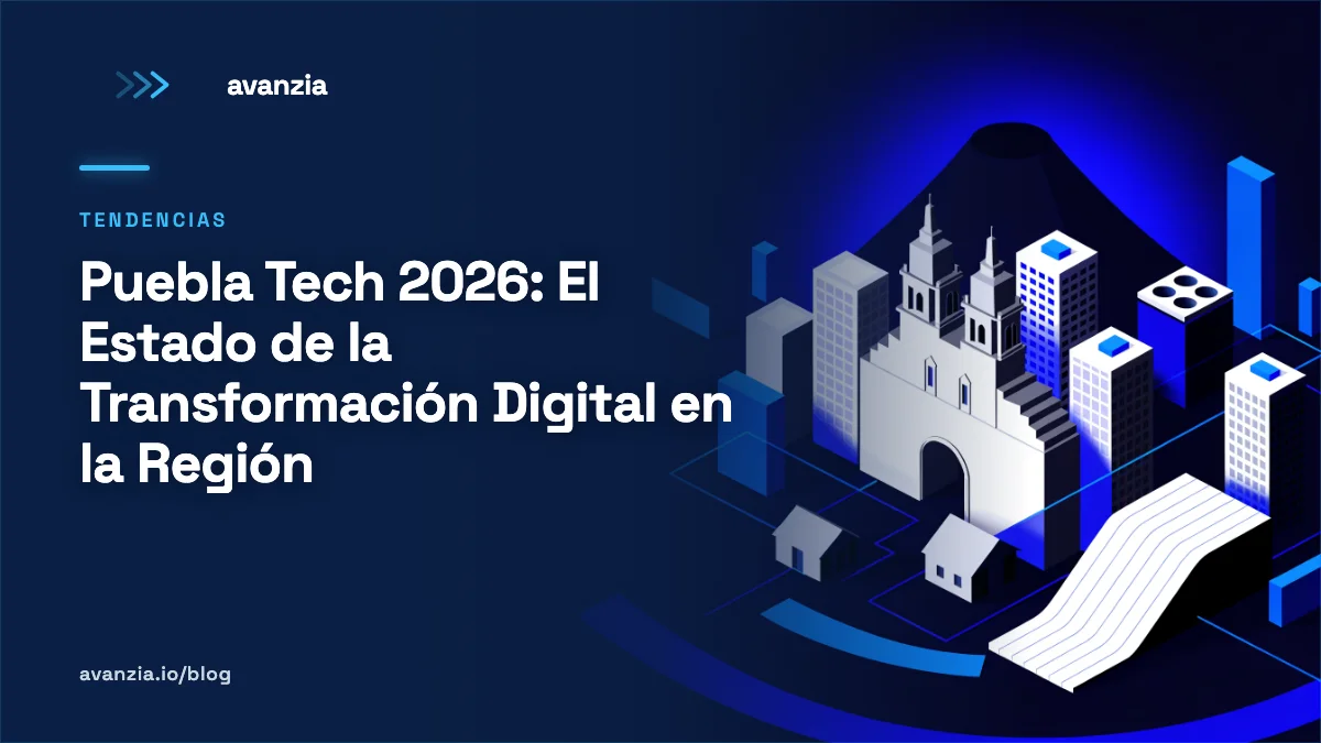 Vista aérea de Puebla con overlay de tecnología digital y transformación empresarial 2026