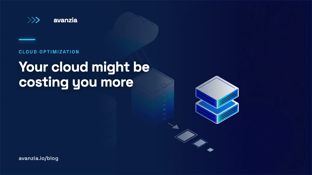 Your cloud might be costing you more | Avanzia Isometric illustration: a cloud linked to a stack of photos compressing into a block of data, next to a database and a server, in blue tones over navy.