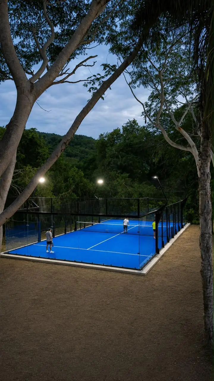 Partido al atardecer en una cancha de pádel azul iluminada, entre árboles, en Guerrero
