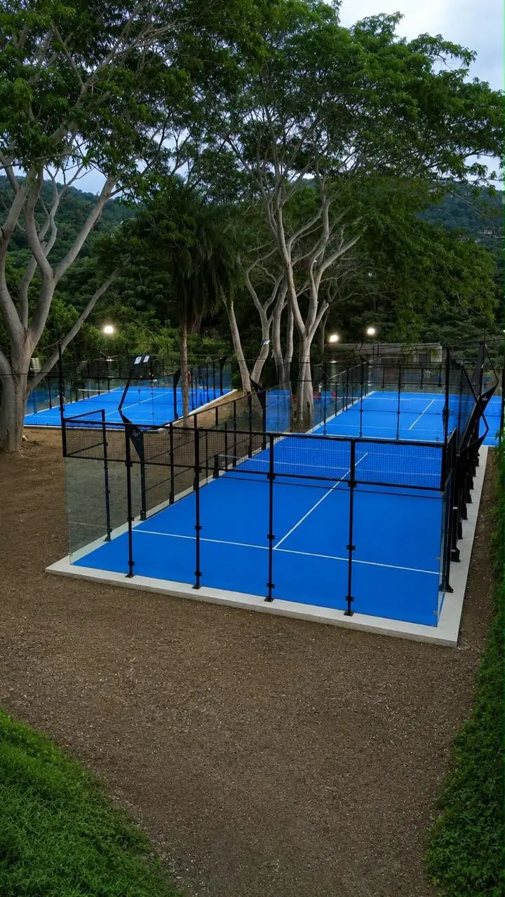 Canchas de pádel panorámicas azules entre árboles en Guerrero