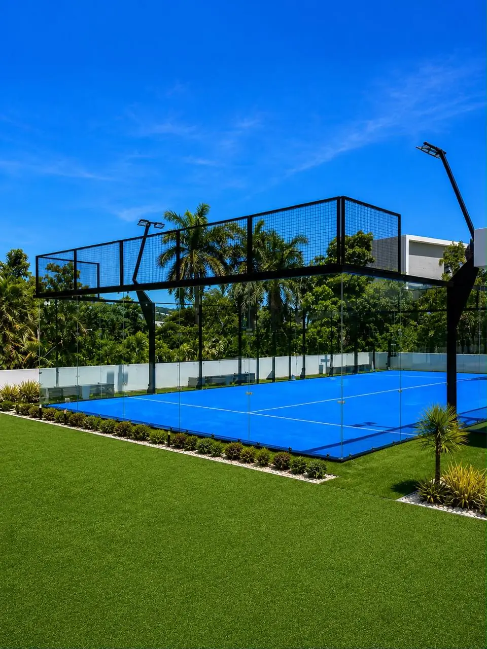 Cancha de pádel panorámica con estructura negra, palmeras y jardín en Guerrero