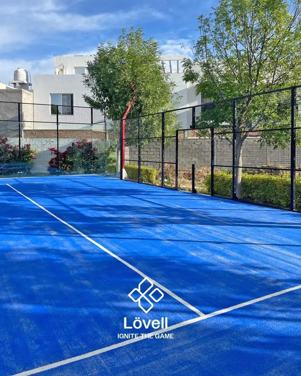 Cancha de pádel azul entre casas y árboles en San Luis Potosí